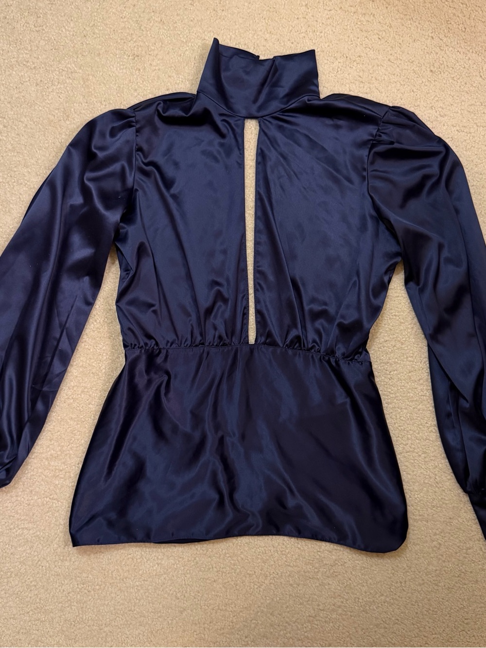 Navy blue satin blouse with high neck and long sleeves - size S/M